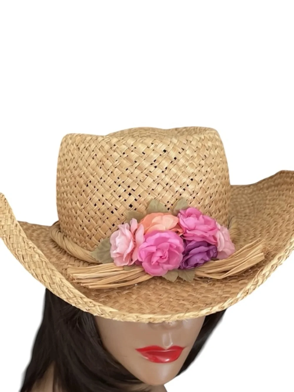 Natural Straw Western Brim Hat with Flowers